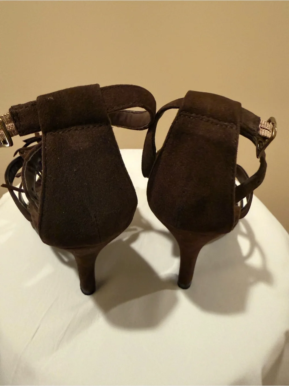 Delicious Brown Suede Multi-Tiered Fringe High Heel Sandals Size 9